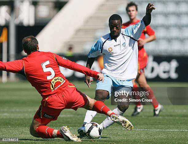 Kofi Danning of Sydney tries to get past Michael Valkanis of United during the round nine National Youth League match between Adelaide United and...