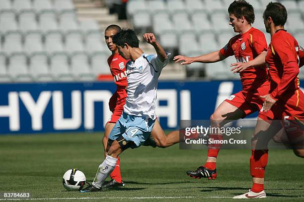 Brendan Gan of Sydney kicks the opening goal during the round nine National Youth League match between Adelaide United and Sydney FC at Hindmarsh...