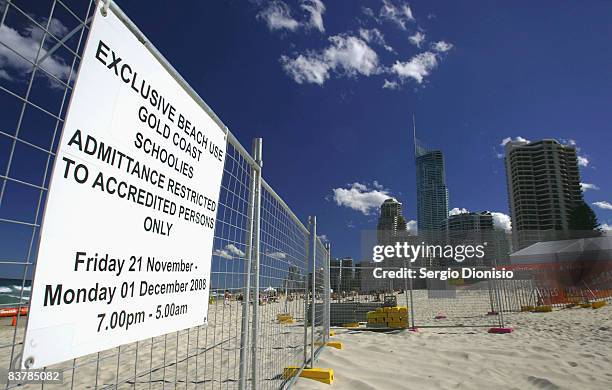 Sign warning of beach closures is seen on Surfers Paradise beach ahead of this weeks Schoolies celebrations in Surfers Paradise on November 22, 2008...