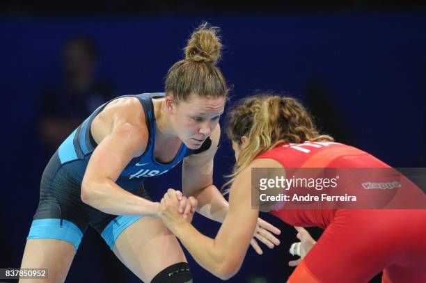Becka Anne Leathers of USA looks dejected during the female 55 kg wrestling competition of the Paris 2017 Women's World Championships at AccorHotels...