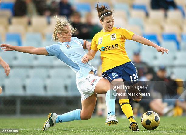 Trudy Camilleri of the Mariners is tackled by Kylie Ledbrook of Sydney during the round five W-League match between Sydney FC and the Central Coast...