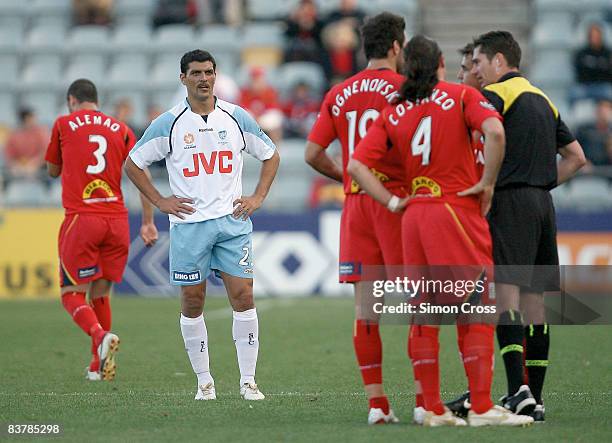 John Aloisi of Sydney looks on after being given a yellow card during the round 12 A-League match between Adelaide United and Sydney FC at Hindmarsh...