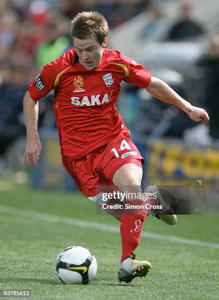 Scott Jamieson of United controls the ball during the round 12 A-League match between Adelaide United and Sydney FC at Hindmarsh Stadium on November...