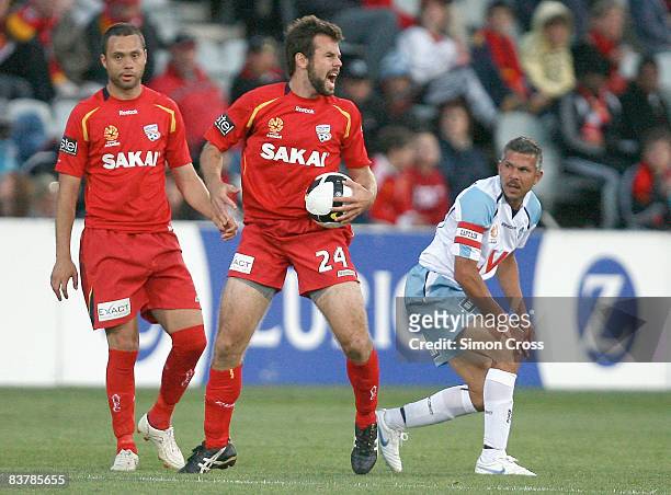 Paul Reid of United reacts after giving away a free kick during the round 12 A-League match between Adelaide United and Sydney FC at Hindmarsh...