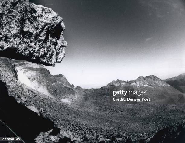 Colorado's Mt. Rushmore? Overhanging rock at left which appears to be a face is typical of area just below the summit of rugged Long’s Peak, which...