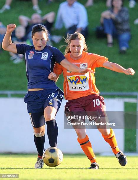 Daniela Digiammarco of Victory and Lana Harch of the Roar compete for the ball during the round five W-League match between the Queensland Roar and...