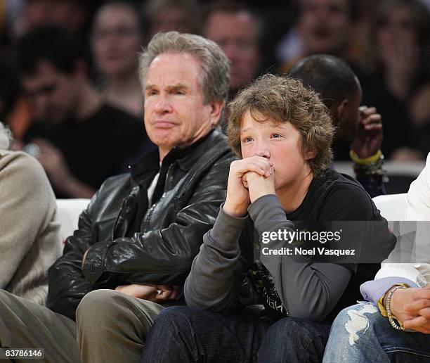 Warren Beatty and his son Benjamin Beatty attend the Los Angeles Lakers vs Denver Nuggets game at the Staples Center on November 21, 2008 in Los...