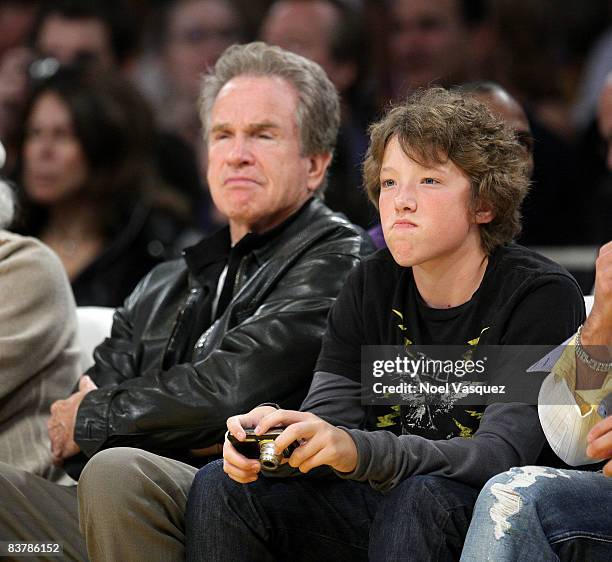 Warren Beatty and his son Benjamin Beatty attend the Los Angeles Lakers vs Denver Nuggets game at the Staples Center on November 21, 2008 in Los...