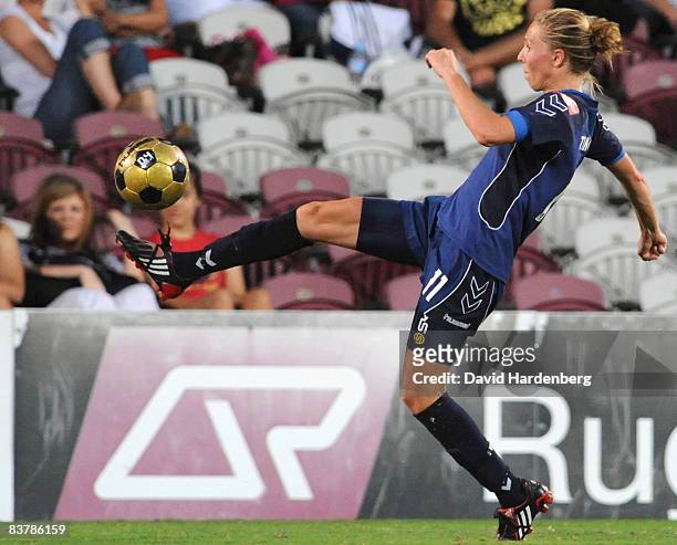 Brittany Timko of Victory kicks the ball during the round five W-League match between the Queensland Roar and the Melbourne Victory at Spencer Park...