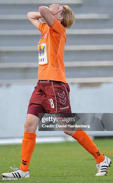 Courtney Beutel of the Roar is disapointed after she misses a near goal during the round five W-League match between the Queensland Roar and the...
