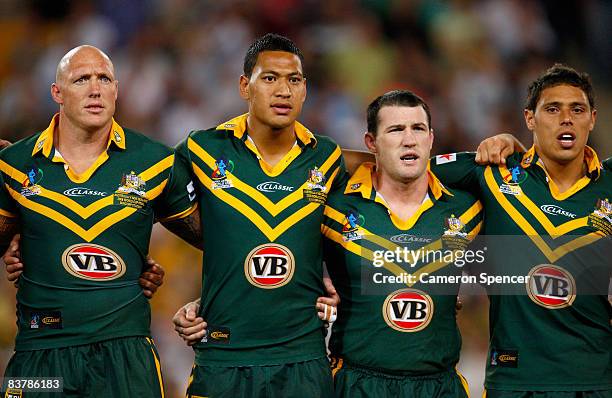 The Kangaroos line up during the national anthem before the 2008 Rugby League World Cup Final match between the Australian Kangaroos and the New...