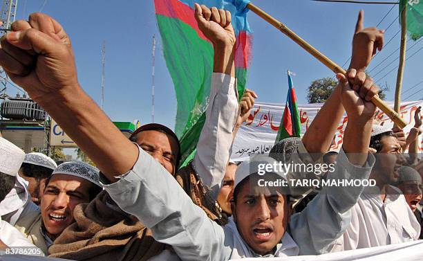 Activists of Jamiet Ithad-i-Ulama take part of a protest in Peshawar on November 22, 2008 against a US missile strike in a Pakistani tribal area. The...