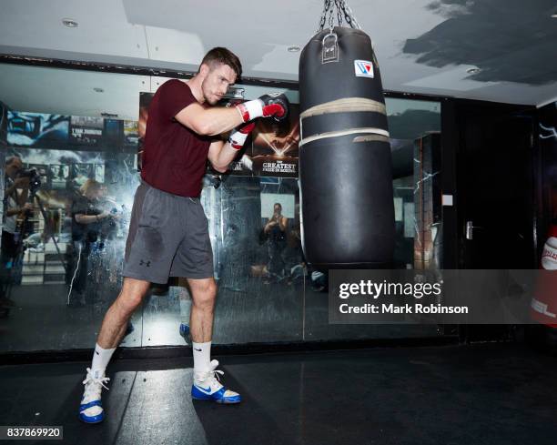 Callum Smith takes part in a training session at Gallaghers Gym on August 23, 2017 in Bolton, England.