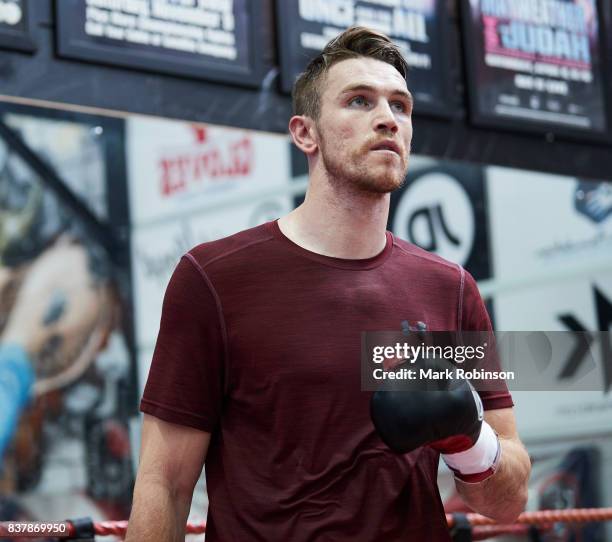 Callum Smith takes part in a training session at Gallaghers Gym on August 23, 2017 in Bolton, England.