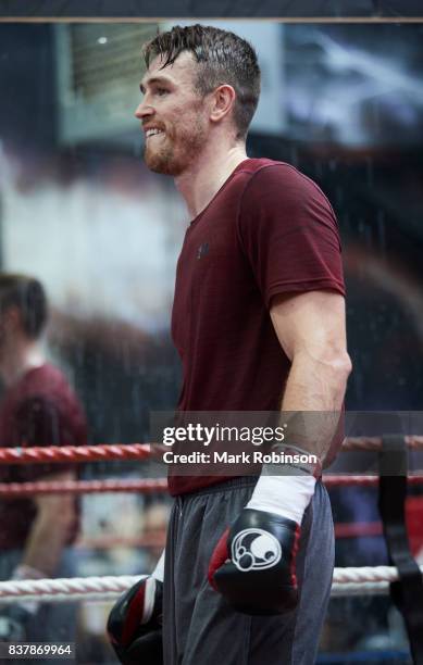 Callum Smith takes part in a training session at Gallaghers Gym on August 23, 2017 in Bolton, England.