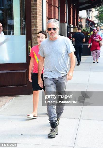 Jon Stewart is seen walking in Soho on August 22, 2017 in New York City.