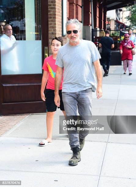 Jon Stewart is seen walking in Soho on August 22, 2017 in New York City.