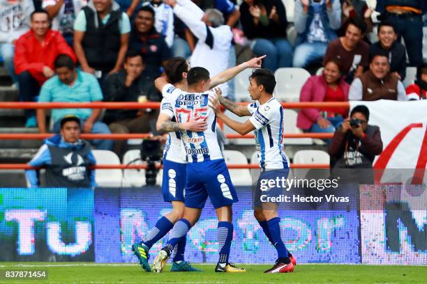 Angelo Sagal of Pachuca celebrates with teammates after scoring the first goal of his team during the sixth round match between Pachuca and Veracruz...