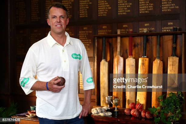 Ex England bowler Graeme Swann poses for a photo during filming of the Specsavers advert The Umpires Strikes Back on August 23, 2017 in London,...