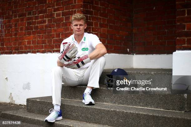 Kent wicket keeper Sam Billings poses for a photo during filming of the Specsavers advert The Umpires Strikes Back on August 23, 2017 in London,...