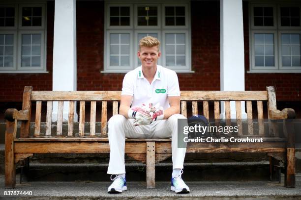 Kent wicket keeper Sam Billings poses for a photo during filming of the Specsavers advert The Umpires Strikes Back on August 23, 2017 in London,...