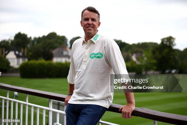 Ex England bowler Graeme Swann poses for a photo during filming of the Specsavers advert The Umpires Strikes Back on August 23, 2017 in London,...