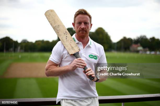 Durham all rounder Paul Collingwood poses for a photo during filming of the Specsavers advert The Umpires Strikes Back on August 23, 2017 in London,...