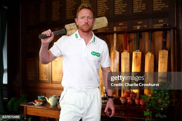 Durham all rounder Paul Collingwood poses for a photo during filming of the Specsavers advert The Umpires Strikes Back on August 23, 2017 in London,...