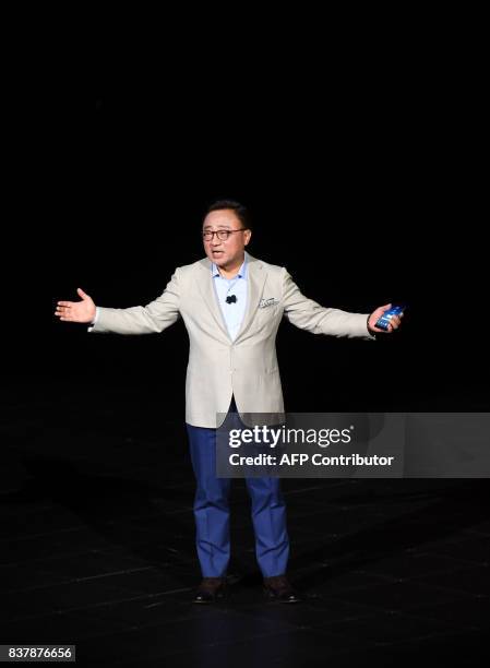 Koh, President/Mobile Communications Business speaks at the Samsung Galaxy Unpacked 2017 event on August 23, 2017 in New York. Samsung unveiled the...