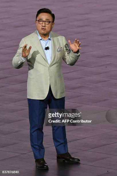 Koh, President/Mobile Communications Business speaks at the Samsung Galaxy Unpacked 2017 event on August 23, 2017 in New York. Samsung unveiled the...