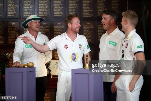 Martin Saggers, Paul Collingwood, Greame Swann and Sam Billings in action during filming of the Specsavers advert The Umpires Strikes Back on August...