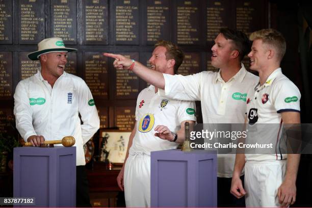 Martin Saggers, Paul Collingwood, Greame Swann and Sam Billings in action during filming of the Specsavers advert The Umpires Strikes Back on August...