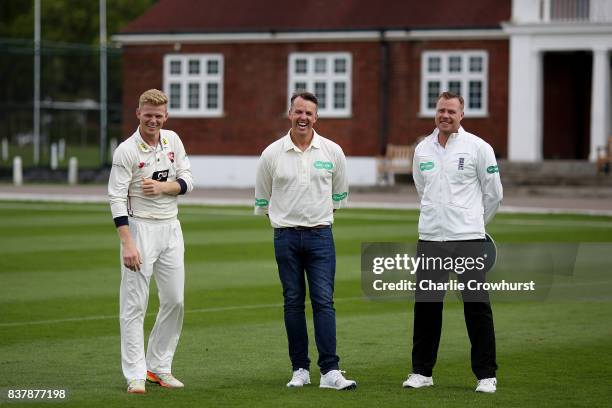 Sam Billings, Greame Swann and Martin Saggers in action during filming of the Specsavers advert The Umpires Strikes Back on August 23, 2017 in...