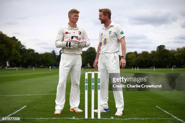 Sam Billings and Paul Collingwood chat during filming of the Specsavers advert The Umpires Strikes Back on August 23, 2017 in London, England.