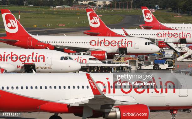 Air Berlin airplanes are seen on the tarmac at Tegel Airport on August 23, 2017 in Berlin, Germany. Air Berlin's creditors are meeting to discuss...