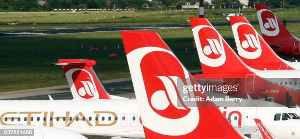 Etihad and Air Berlin airplanes are seen on the tarmac at Tegel Airport on August 23, 2017 in Berlin, Germany. Air Berlin's creditors are meeting to...