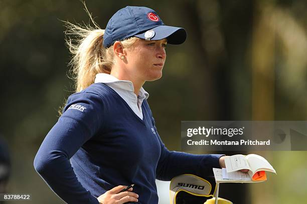 Suzann Pettersen of Norway waits on the seventh tee during the third round of the ADT Championship at the Trump International Golf Club on November...