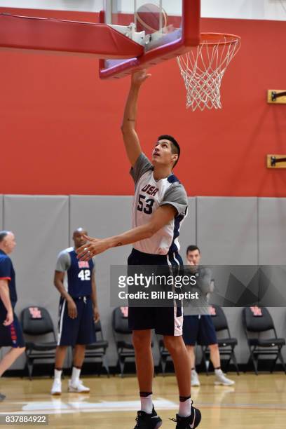 Derek Willis of the USA AmeriCup Team drives to the basket during a training camp at the University of Houston in Houston, Texas on August 21, 2017....