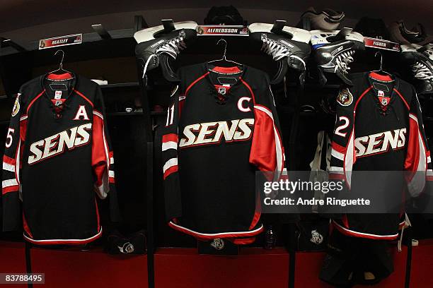 The Ottawa Senators' black third jersey hangs in the dressing room before being introduced in a game against the New York Rangers at Scotiabank Place...