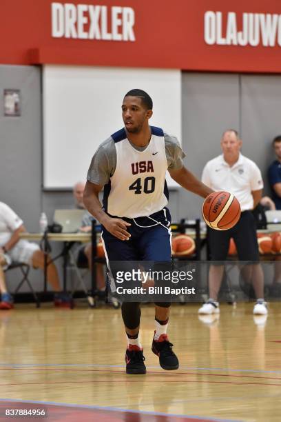 Darius Morris of the USA AmeriCup Team dribbles the ball during a training camp at the University of Houston in Houston, Texas on August 21, 2017....