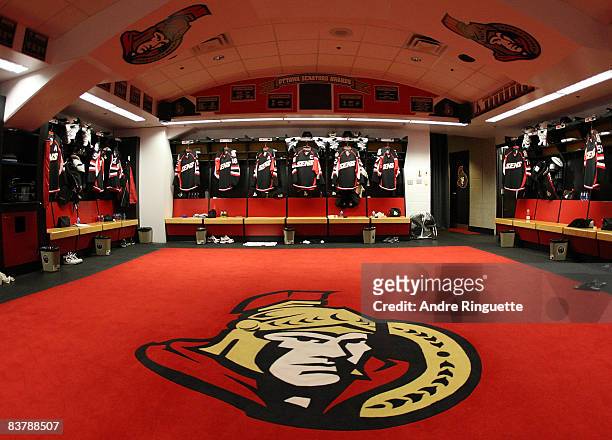 The Ottawa Senators' black third jersey hangs in the dressing room before being introduced in a game against the New York Rangers at Scotiabank Place...