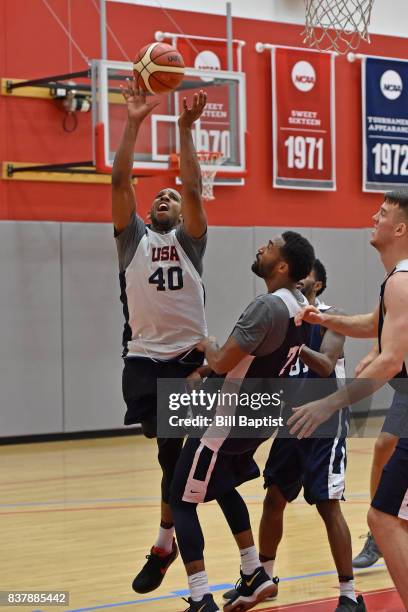 Darius Morris of the USA AmeriCup Team drives to the basket during a training camp at the University of Houston in Houston, Texas on August 21, 2017....