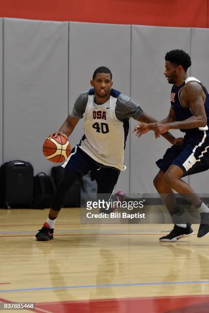 Darius Morris of the USA AmeriCup Team drives to the basket during a training camp at the University of Houston in Houston, Texas on August 21, 2017....