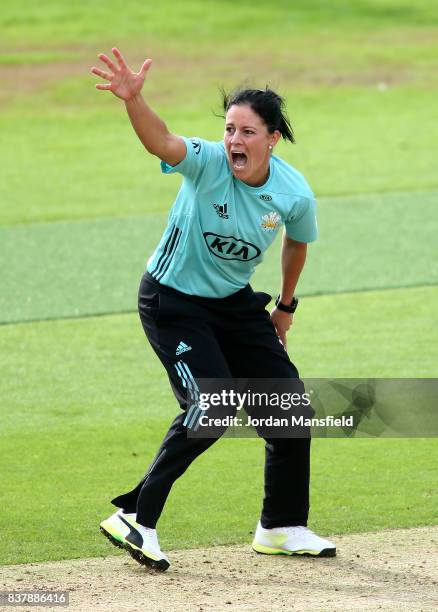 Marizanne Kapp of Surrey appeals unsuccessfully during the Kia Super League match between Surrey Stars and Western Storm at The Kia Oval on August...