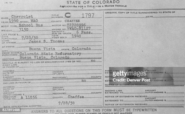 Warren Thomas Buys School Bus - This title registration of the Colorado revenue department shows that on July 28 James S. Thomas, warden of the state...