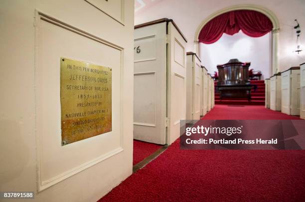 Plaque commemorating a visit by Jefferson Davis, President of the Confederate States of America, to Portland is seen Friday, Aug. 18, 2017 at the...