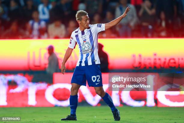 Keisuke Honda of Pachuca celebrates after scoring the fourth goal of his team during the sixth round match between Pachuca and Veracruz as part of...