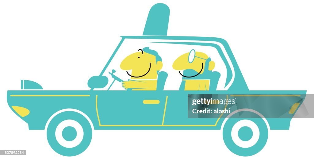 Taxi driver and smiling businessman (man) in a car (driving, airport pick up)