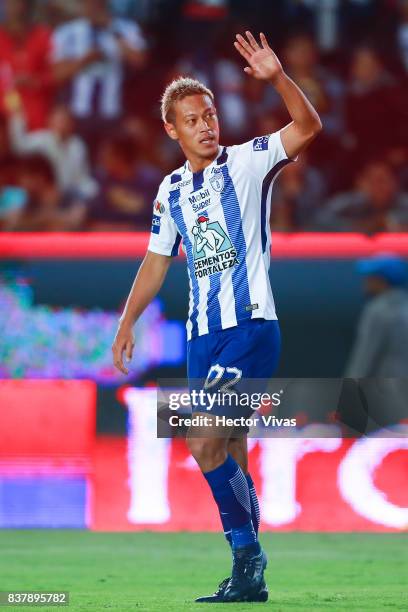 Keisuke Honda of Pachuca celebrates after scoring the fourth goal of his team during the sixth round match between Pachuca and Veracruz as part of...