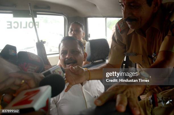 Lt. Col. Shrikant Prashad Purohit taken to Mumbai Session Court from Taloja Jail at Vashi Toll Naka, on August 22, 2017 in Mumbai, India. Purohit has...